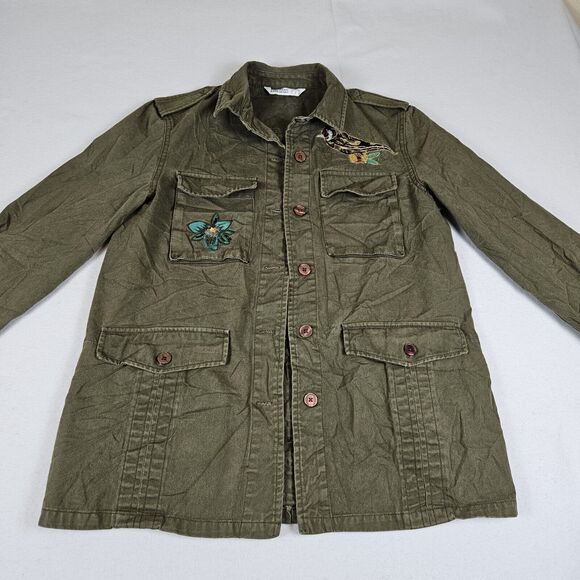 Zara Utility Embroidered Beaded Jacket Womens M Bird Flower Army Green Military - Picture 1 of 14
